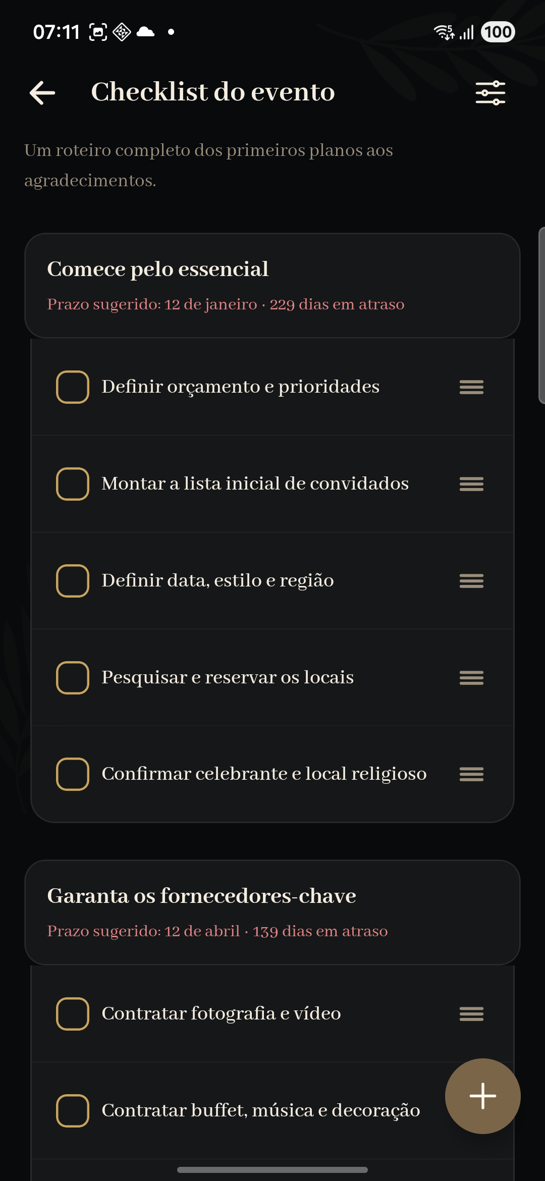 Checklist configurado de um evento no Hostit